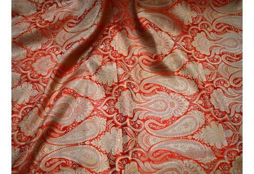 Orange Brocade by the Yard Banarasi Fabric Wedding Dress Indian Blended Silk crafting Sewing vest coat purses festive wear wall decor table runner Fabric