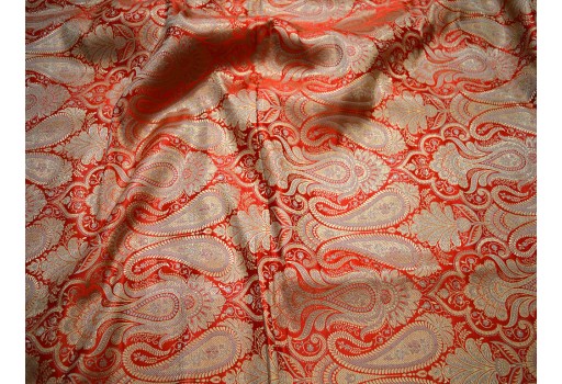 Orange Brocade by the Yard Banarasi Fabric Wedding Dress Indian Blended Silk crafting Sewing vest coat purses festive wear wall decor table runner Fabric