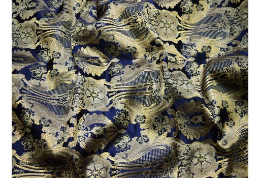 Navy Blue Brocade by the Yard Banarasi Indian Blended Silk Wedding Dress Crafting Sewing Cushion Cover Home Décor Costume fabric home furnishing sewing accessories