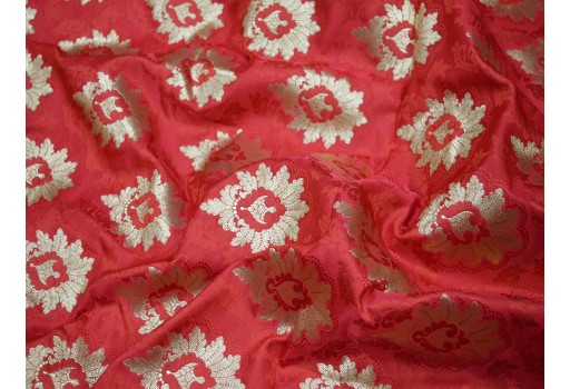 Red brocade fabric by the yard for jacket banarasi Indian blended silk wedding dress material crafting sewing accessories cushion covers home décor furnishing table runner brocade