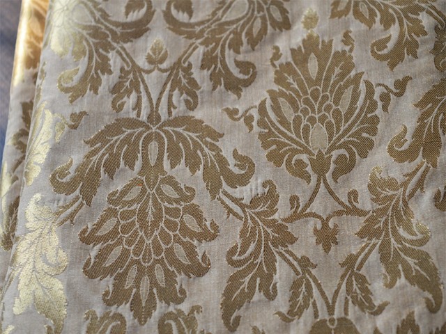 Blended Silk Brocade in Beige Gold with Motifs Weaving Indian Dresses making Banarasi Fabric by the Yard crafting Sewing home decor