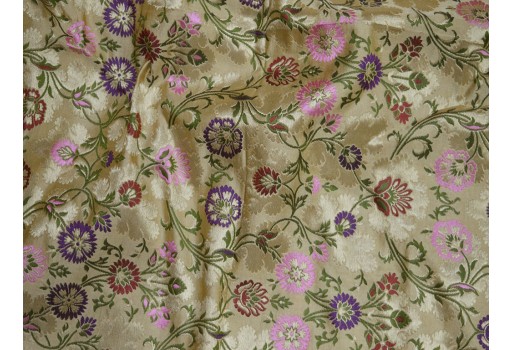 Dark beige Indian silk brocade by the yard banarasi dress material crafting sewing banarasi wedding lehenga fabric cushion covers home décor furnishing table runner brocade