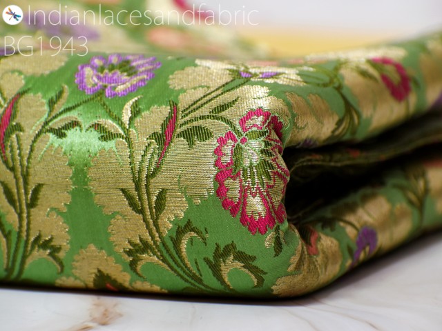 Indian Pistachio Green Silk Brocade by the Yard Banaras Wedding Dress Material Banarasi Fabric Crafting Sewing Cushion Covers Home Décor Clothing Silk Fabric