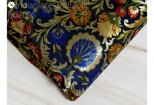 Navy Blue Indian Brocade Fabric by the Yard Bridal Costumes Banarasi Wedding Dresses Material Crafting Sewing Cushions Upholstery Drapery Home Furnishing Table Runner