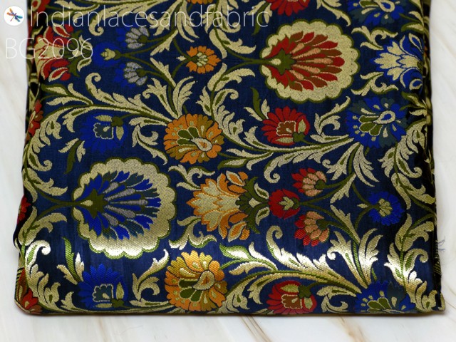 Navy Blue Indian Brocade Fabric by the Yard Bridal Costumes Banarasi Wedding Dresses Material Crafting Sewing Cushions Upholstery Drapery Home Furnishing Table Runner
