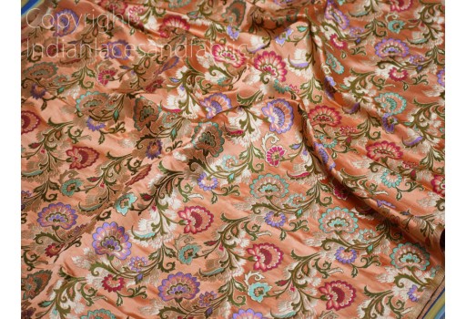 Peach Indian Brocade Fabric by the Yard Banarasi Blended Silk Bridal Wedding Dresses Lehenga DIY Crafting Sewing Drapery Upholstery Costume Home Furnishing Table Runner