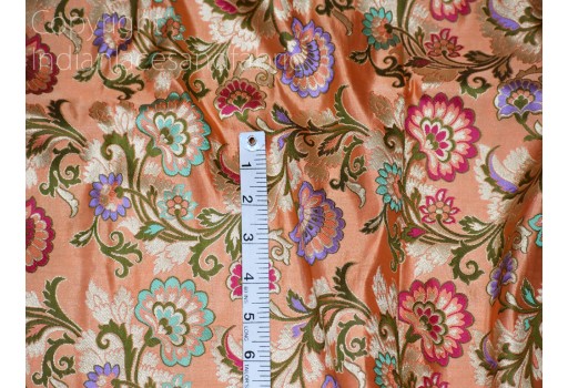 Peach Indian Brocade Fabric by the Yard Banarasi Blended Silk Bridal Wedding Dresses Lehenga DIY Crafting Sewing Drapery Upholstery Costume Home Furnishing Table Runner