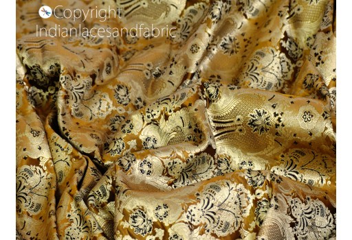 Brown gold Indian brocade fabric by the yard blended silk wedding dress bridesmaid banarasi lehenga sewing crafting home décor costumes home furnishing drapery making fabric