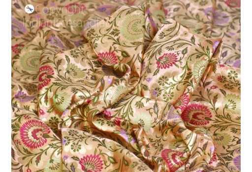 Peach Indian brocade fabric by the yard banarasi bridal wedding dress material silk crafting sewing home furnishing upholstery drapery table runner cushion cover fabric, home décor fabric