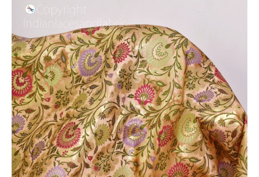 Peach Indian brocade fabric by the yard banarasi bridal wedding dress material silk crafting sewing home furnishing upholstery drapery table runner cushion cover fabric, home décor fabric