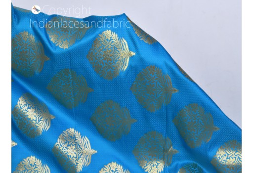 Blue banarasi fabric by the yard brocade art blended silk for party wear lehenga home furnishing table runner sewing crafting boutique material curtains clutches making fabric