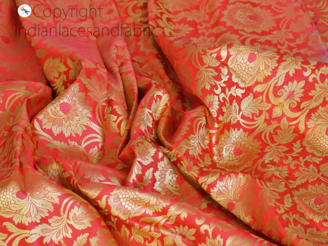 Indian brocade coral red gold fabric by the yard banarasi bridal lehenga wedding dress blended silk costumes home decor upholstery curtains table runner brocade