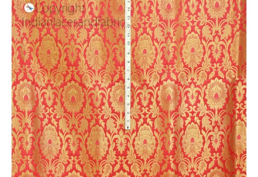 Indian brocade coral red gold fabric by the yard banarasi bridal lehenga wedding dress blended silk costumes home decor upholstery curtains table runner brocade