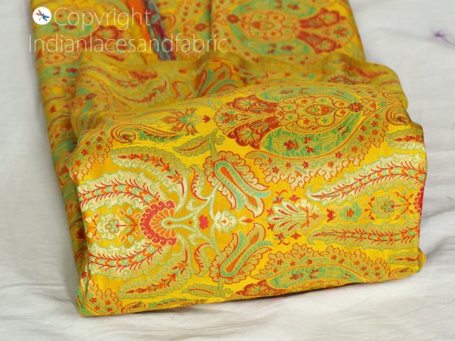 Bridesmaid lehenga yellow brocade fabric by the yard Indian bridal party dress silk crafting sewing costume gown drapery blouses home décor furnishing sofa cover fabric