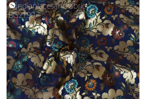 Indian navy blue banaras silk fabric by the yard banarasi lehenga wedding dress costumes saree fabric sewing crafting home decor furnishing table runner cushion cushion cover brocade