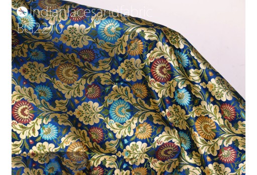 Indian floral blue silk brocade fabric by the yard banarasi bridal wedding dress varanasi crafting sewing costumes lehenga drapery blouses décor clothing accessories hair craft