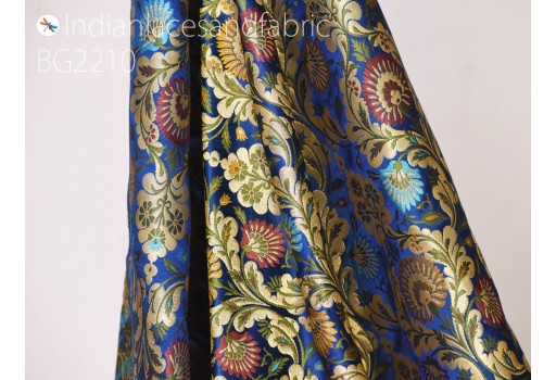 Indian floral blue silk brocade fabric by the yard banarasi bridal wedding dress varanasi crafting sewing costumes lehenga drapery blouses décor clothing accessories hair craft