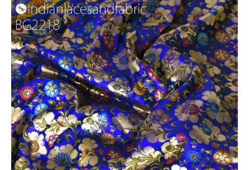 Indian blue silk brocade by the yard wedding dress jacket banarasi costume material sewing crafting blouses curtain upholstery furnishing home décor table runner hair craft