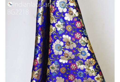 Indian blue silk brocade by the yard wedding dress jacket banarasi costume material sewing crafting blouses curtain upholstery furnishing home décor table runner hair craft