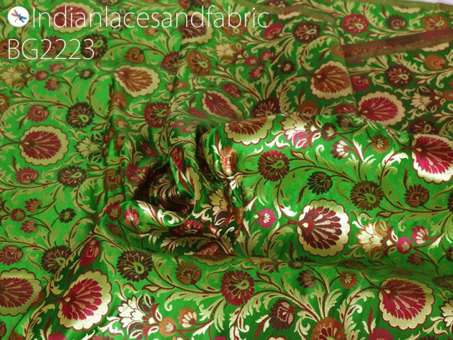 Green Indian silk brocade by the yard fabric wedding dress material sewing DIY crafting curtain jacket home decor furnishing table runner cushion cover hair crafts banarasi fabric