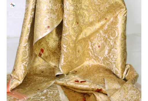 Indian beige silk brocade fabric by the yard banarasi wedding dresses lehenga material sewing table runner crafting home decor curtains upholstery table runner cushion cover hair craft