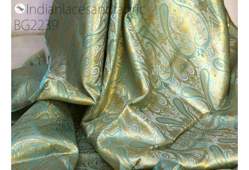 Turquoise blue brocade by the yard sewing wedding dress jacket blended silk Indian banarasi costume material crafting upholstery furnishing clothing accessories hair craft home décor