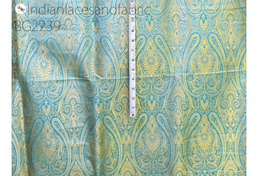 Turquoise blue brocade by the yard sewing wedding dress jacket blended silk Indian banarasi costume material crafting upholstery furnishing clothing accessories hair craft home décor