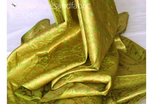 Indian lime green gold banarasi brocade by the yard fabric banaras silk wedding dress costumes table runner jacket home decor cushion covers upholstery floral bridesmaid lehenga