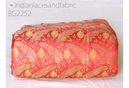 Indian coral jacquard dress material brocade bridal wedding dress fabric by the yard DIY crafting sewing silk curtains making duvet cushion covers home décor furnishing table runner