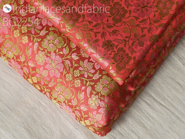 Indian coral red jacquard dress material brocade bridal wedding fabric by the yard DIY crafting sewing accessories silk curtains making duvet cushion covers home décor table runner
