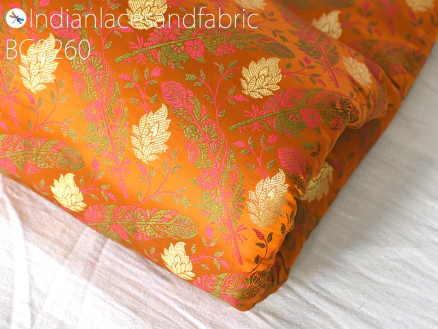 Indian burnt orange jacquard fabric by the yard brocade bridal wedding dress material crafting costumes sewing curtains valance duvet covers home furnishing table runner silk