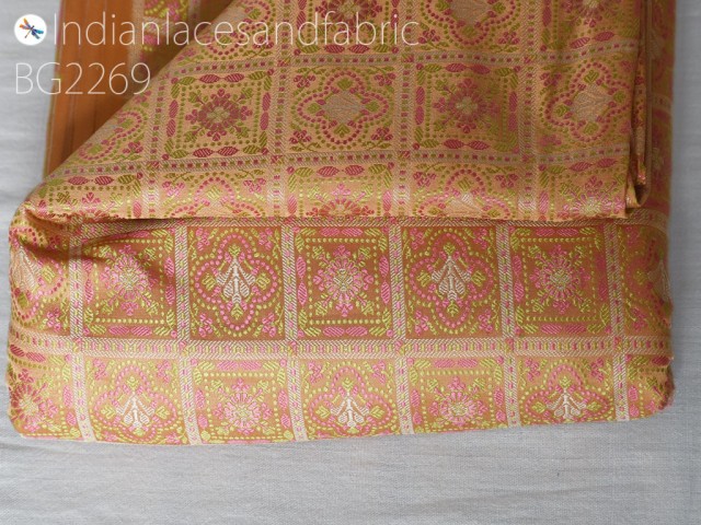 Indian peach jacquard fabric by the yard silk wedding dresses curtains making valance drapes DIY crafting sewing home décor furnishing cushion covers clutches bridesmaid lehenga