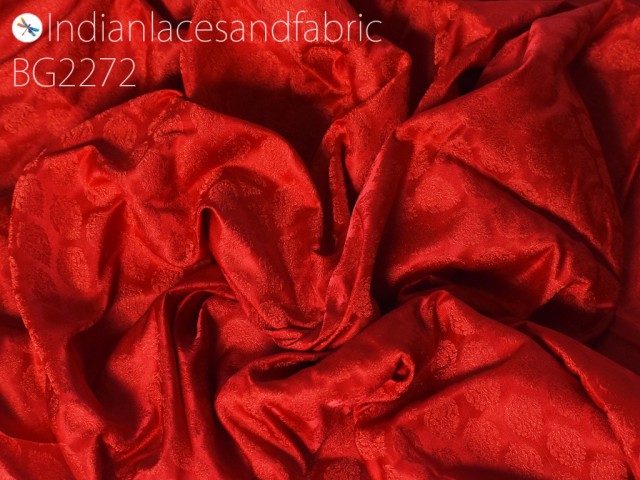 Indian red sewing crafting blended silk brocade jacquard fabric by the yard wedding bridesmaid lehenga dresses costume cushions home furnishing drapery clutches home decor