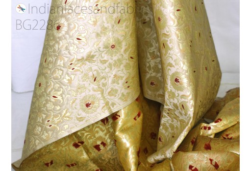 Indian beige brocade fabric by yard banarasi wedding dress varanasi silk crafting sewing costume bridesmaid lehenga valances drapery blouses home décor table runner clutches upholstery