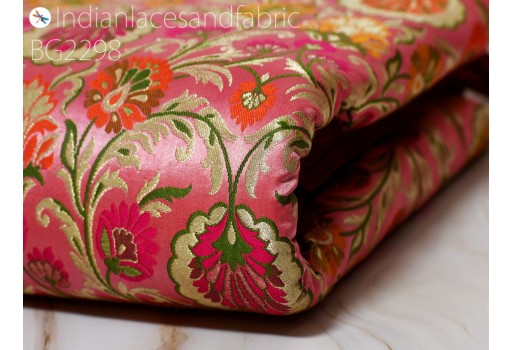 Indian Pink Brocade Fabric by the Yard Banarasi Dress Material Costume Banaras Wedding Dresses Kids Crafting Sewing Cushions Cover Upholstery Drapery Clutches Fabric