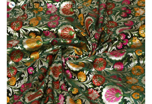 Indian Banaras Wedding Dresses Green Brocade Fabric by the Yard Banarasi Dress Material Costume Crafting Clutches Home Décor Sewing Cushions Upholstery Drapery Fabric