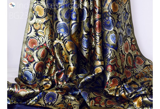Blue Brocade Fabric by the Yard Banarasi Dress Material Costume Indian Banaras Wedding Dresses Crafting Sewing Cushion Upholstery Drapery Clothing Silk Fabric