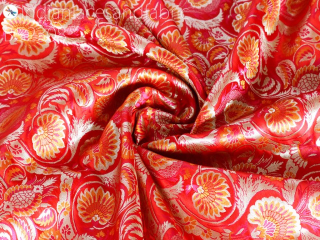 Indian Banarasi Dresses Material Costume Red Brocade Fabric by the Yard Banaras Wedding Dresses Crafting Sewing Cushion Upholstery Drapery Lehenga Clutches Fabric