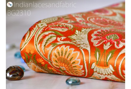 Indian Bridal Wedding Dresses Orange Brocade Fabric by the Yard Banarasi Blended Silk DIY Crafting Sewing Costumes Lehenga Drapery Cushion Covers Clutches Fabric