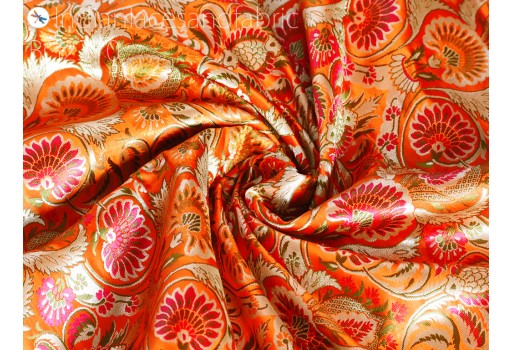 Indian Bridal Wedding Dresses Orange Brocade Fabric by the Yard Banarasi Blended Silk DIY Crafting Sewing Costumes Lehenga Drapery Cushion Covers Clutches Fabric