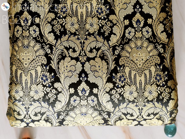 Indian Black Brocade Fabric Sold By The Yard Banarasi Wedding Bridal Dress Material Lehenga Costume Sewing DIY Crafting Home Decor Table Runners Furnishing Fabric