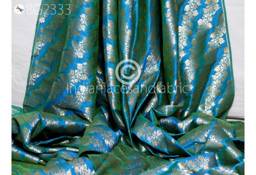 Indian Iridescent Turquoise Brocade Fabric by the Yard Wedding Dresses Blended Banarasi Dress Material Sewing Cushion Home Décor DIY Crafting Floral Clothing Fabric