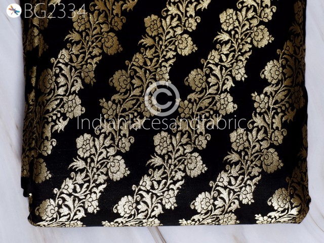 Indian Black Brocade Fabric by the Yard Wedding Dress Jackets Blended Banarasi Dresses Material Sewing Cushion Cover Home Décor DIY Crafting Outdoor Clothing Fabric
