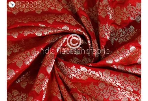 Indian Red Brocade Fabric by the Yard Wedding Dress Jackets Blended Banarasi Dresses Material Sewing Cushion Cover Home Décor DIY Crafting Outdoor Clothing Fabric