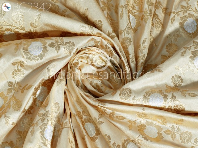 Beige Brocade by the Yard Indian Banarasi Wedding Dresses Costumes Material Sewing Lehenga Skirts Men Vests Jackets Curtains Upholstery Crafting Clothing Fabric