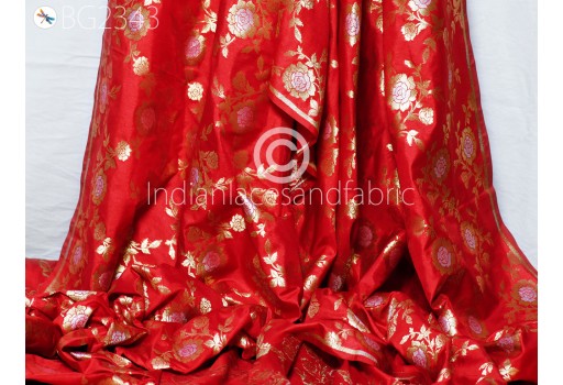 Red Brocade by the Yard Fabric Indian Banarasi Wedding Dresses Costumes Material Sewing Lehenga Skirts Vests Jackets Curtains Upholstery Kids Crafting Clothing Fabric