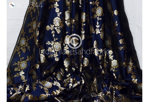 Blue Brocade by the Yard Indian Banarasi Wedding Dresses Costumes Material Sewing Lehenga Skirts Vests Jackets Curtains Upholstery Crafting Kids Clothing Fabric