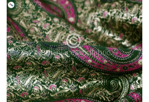 Green Brocade by the Yard Banarasi Wedding Dresses Material Sewing Lehenga Skirt Men Vests Jackets Costumes Curtain Upholstery Crafts Table Runner Fabric