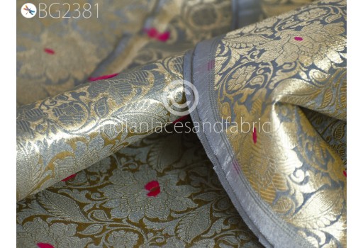 Grey Gold Brocade Fabric by the Yard Banarasi Lehenga Indian Wedding Dresses Saree Fabric Sewing Crafting Home Decor Table Runner Cushion Covers Furnishing Fabric
