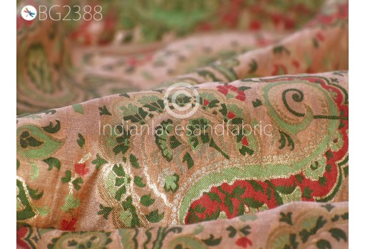 Peach Indian Brocade by the Yard Banarasi Wedding Dress Material Sewing Lehenga Skirt Men Vests Jacket Costumes Curtains Upholstery Hair Crafts Home Decor